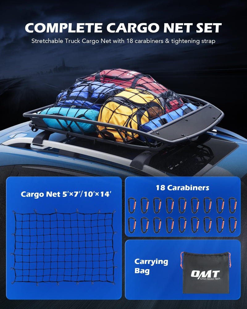 Orion Motor Tech 5'x7' Heavy Duty Cargo Net Stretches to 10'x14' for Pickups SUVs Vans Semis, Bungee Cord Net for Truck Bed Roof Rack Trailer More with Handmade Knotting 18 Carabiners Storage Bag - Image 2